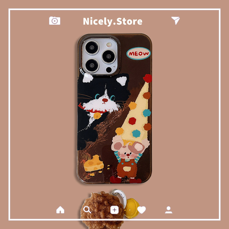 Retro น่ารัก Graffiti Cat Wave Point หมวกเมาส์ชีส Bell จี้เคสโทรศัพท์สําหรับ iPhone 16 15 14 13 12 Pro Max 16Pro 15Promax IMD Anti-scratch ปกหลัง