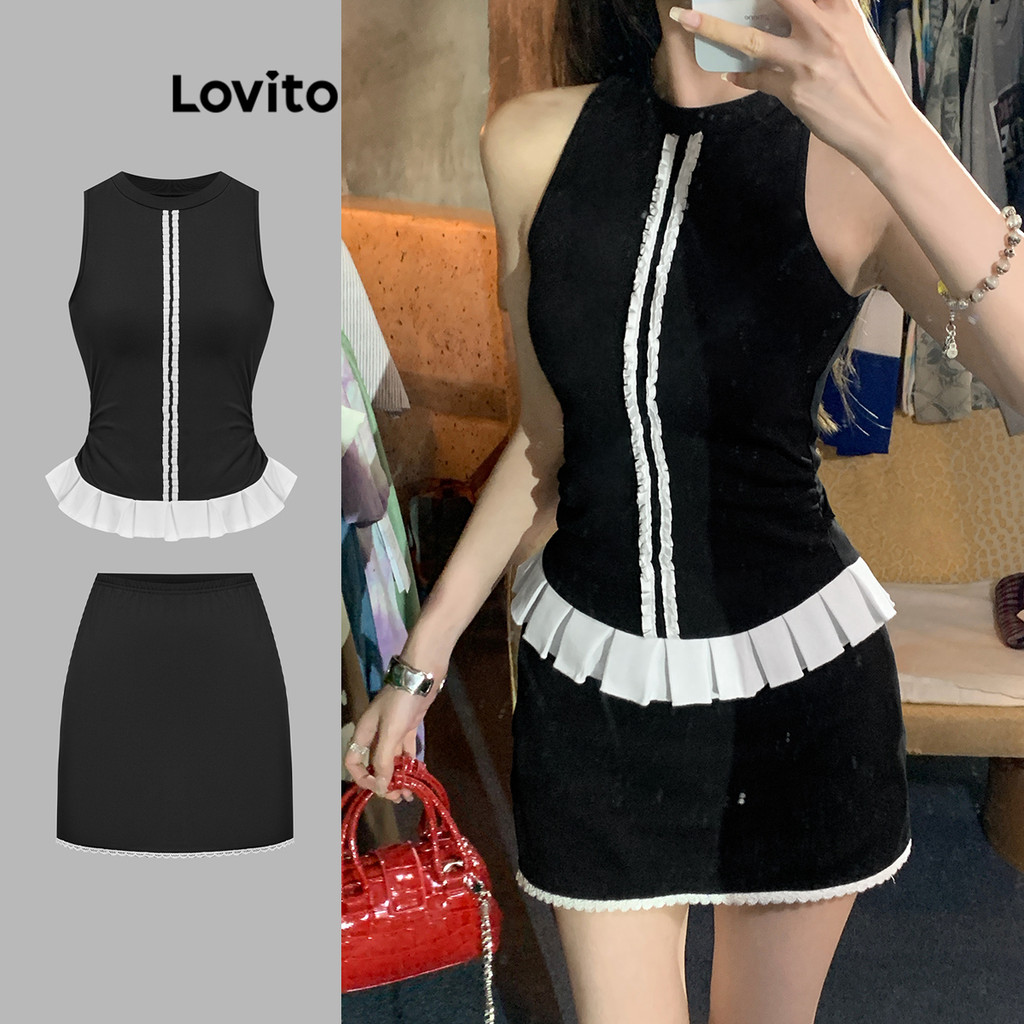 Lovito ชุดกระโปรงชายระบายสีพื้นเรียบหรูหราสำหรับผู้หญิง LAD106837