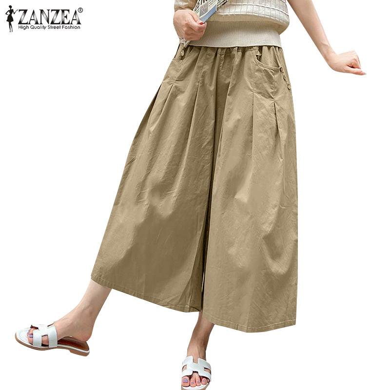 ZANZEA ซานเซีย ผู้หญิงเกาหลีลําลองจีบเอวยางยืดสีทึบกางเกงขากว้างแปดจุด