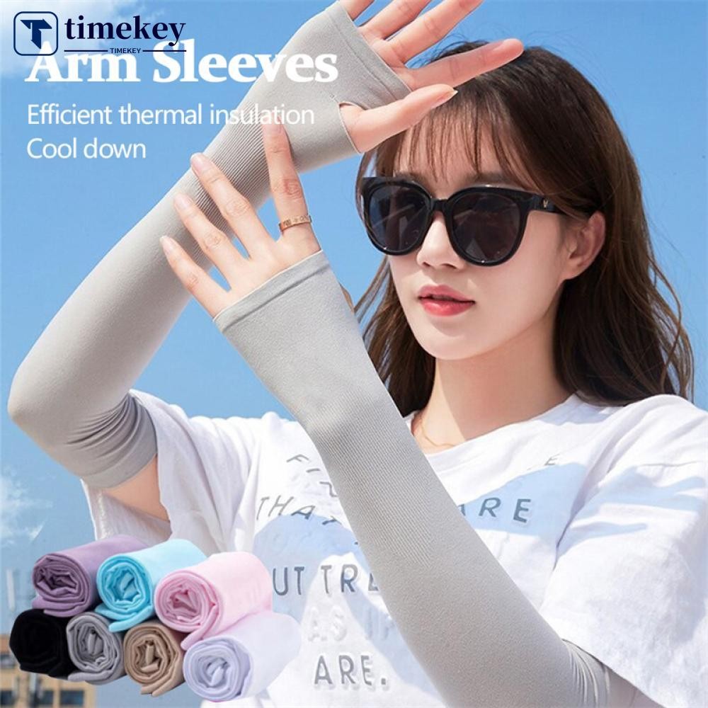 Timekey ผ้าไหมน้ําแข็งถุงมือยาว Sun UV Protection Hand Protector ฝาครอบครีมกันแดดกลางแจ้งแขนครึ่งนิ้ว J3T3