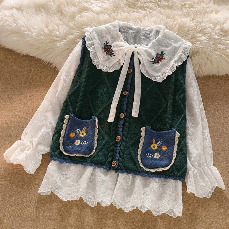 MnKawaii Lolita Blouse Women Retro Flower Embroidery Long Sleeve JK Shirt Top Girl Harajuku Peter Pa