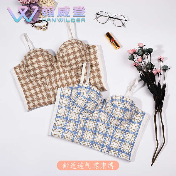 เกาะอกสีขาว ชุดเกาะอก เสื้อกล้ามสายเดี่ยวลาย houndstooth สำหรับผู้หญิงเสื้อตัวนอกลายสก๊อตสไตล์ชาแนลขนาดเล็กให้ความรู้สึกออกแบบเสื้อเกาะอกทำด้วยผ้าขนสัตว์สีตัดกันเฉพาะกลุ่ม