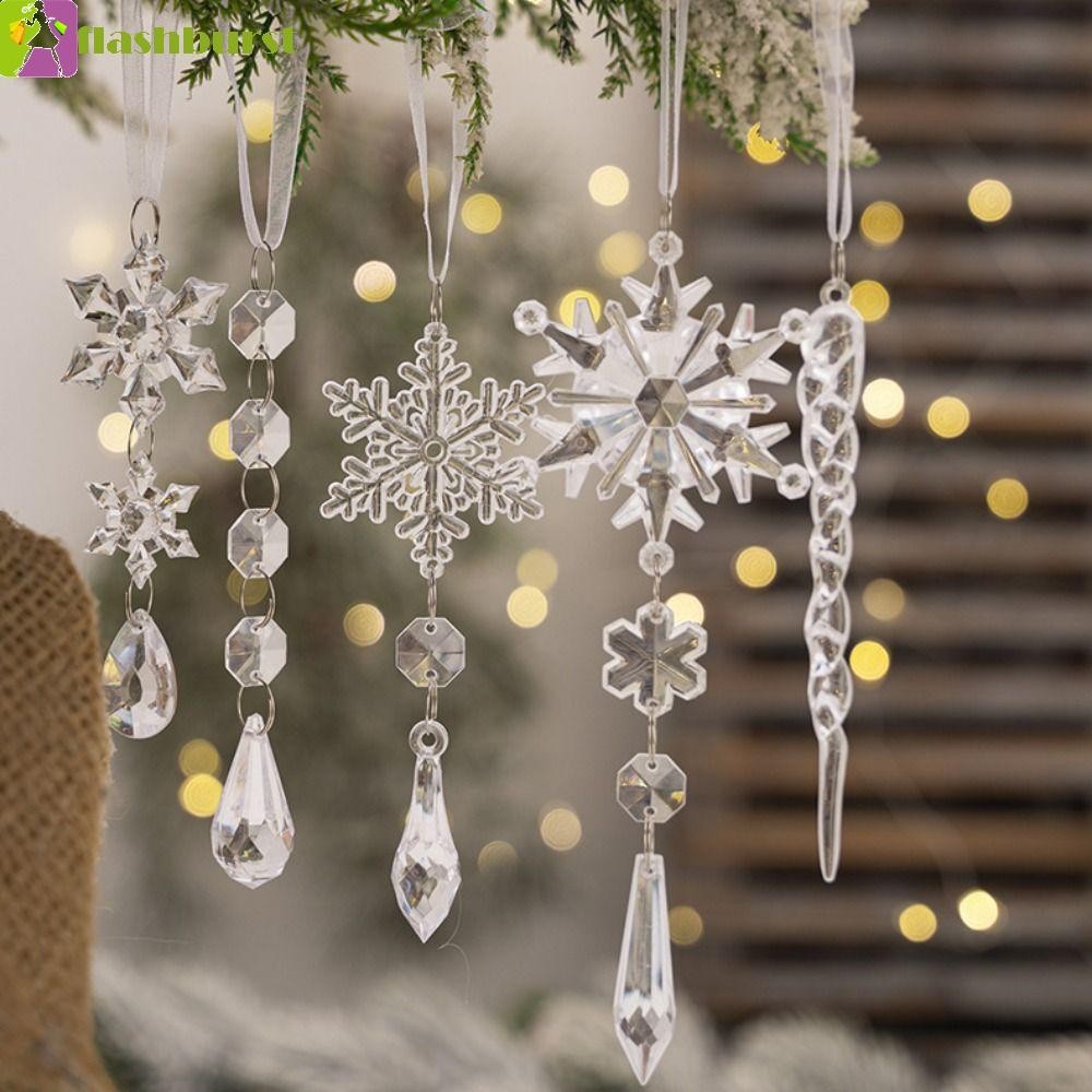 Flashburst 5 ชิ้นคริสต์มาสเกล็ดหิมะ Icicle จี้,อะคริลิคโปร่งใสเกล็ดหิมะ Ice Strip จี้,ประณีต DIY สีสัน Xmas Tree แขวนเครื่องประดับ Holiday Party Supplies