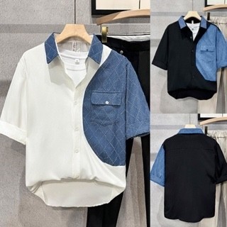 เสื้อเชิ้ตยีนแขนยาวครึ่งแขน แต่งกระเป๋า สไตล์สตรีท แฟชั่นฤดูร้อน สําหรับผู้ชาย