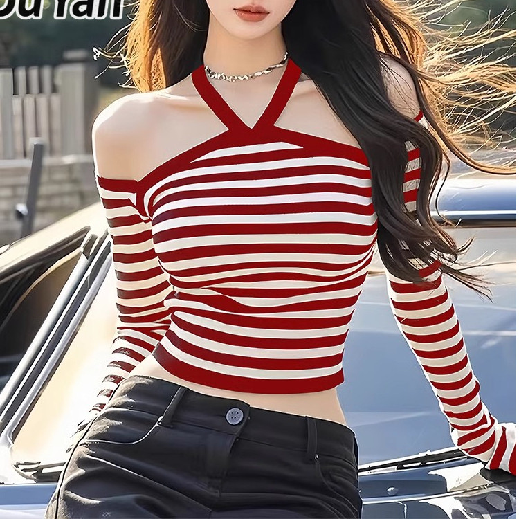 Du Yan เสื้อเชิ้ตแขนยาวผู้หญิงปิดไหล่ลายแขนยาวถักสาวร้อนปิดไหล่ Halter Top