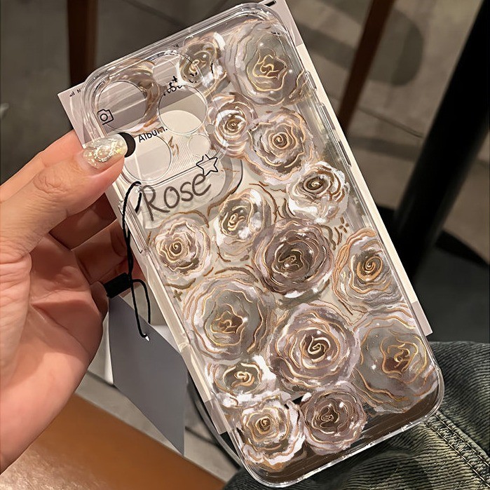 เคสไอโฟน16 15 14 13 12 11 Pro Max Case หรูหรา Art Golden Rose กันกระแทก ซิลิโคน Compatible เคส iPhone X/XS, XR,7+,8Plus