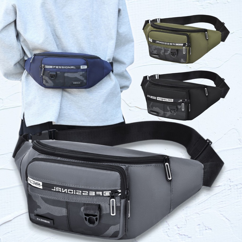 (w28)กระเป๋าคาดอกคาดเอว ลายพลาง มีช่องใส่ของ4ซิป มีที่ห้อยด้านหน้า ผ้ากันน้ำ