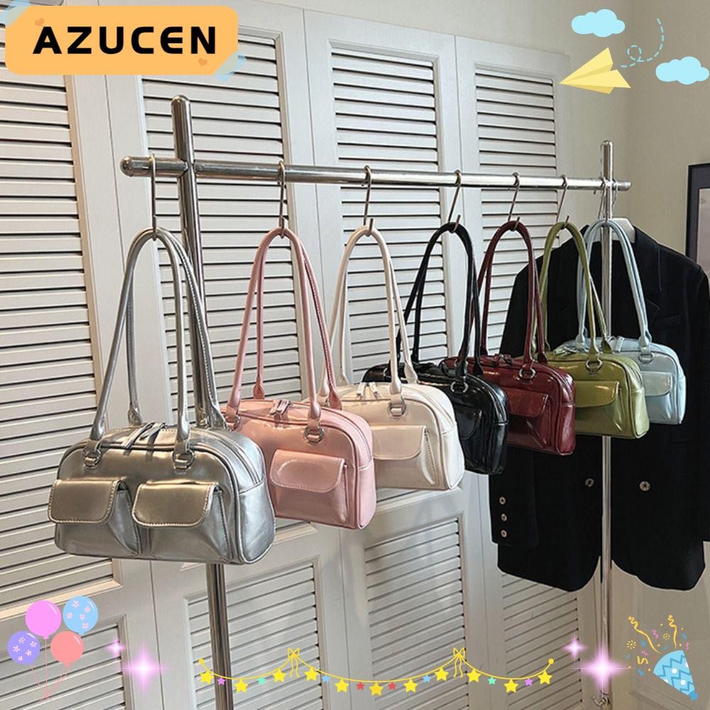 Azucen Satchel Hobo Bag, กระเป๋าสะพายข้างความจุสูงสีทึบ, กระเป๋าใต้วงแขน PU Retro