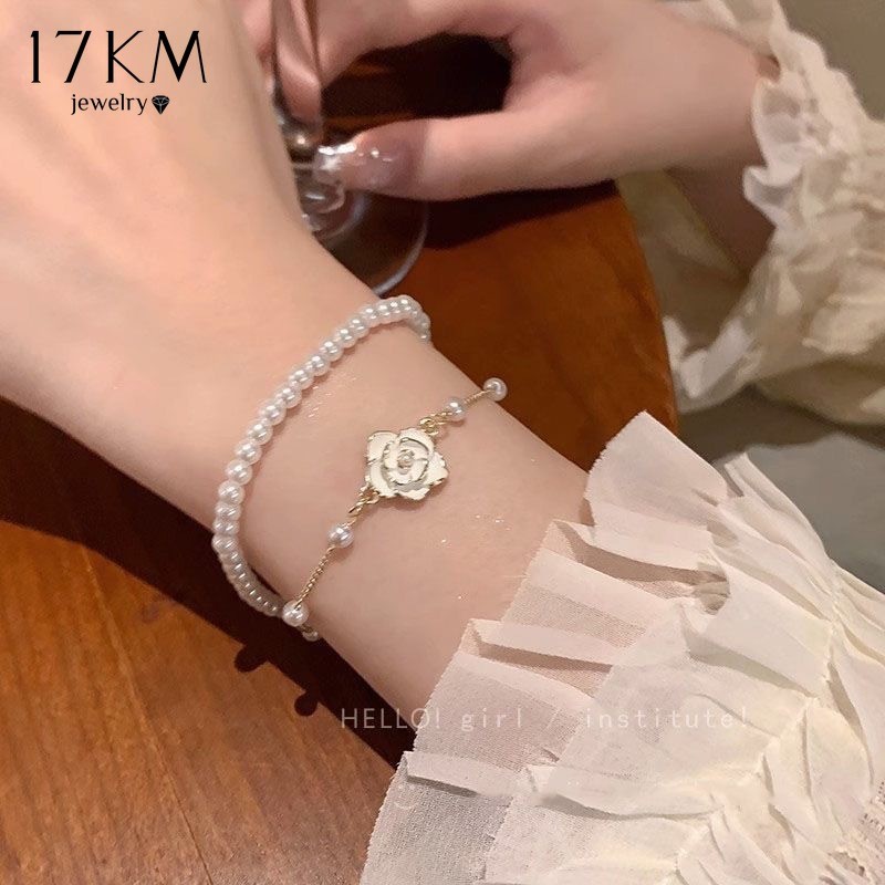 17กม หรูหรา ดอกเคมีเลีย สร้อยข้อมือลูกปัดมุกคู่สร้อยข้อมือโซ่ทองสําหรับผู้หญิงเครื่องประดับอุปกรณ์เสริม