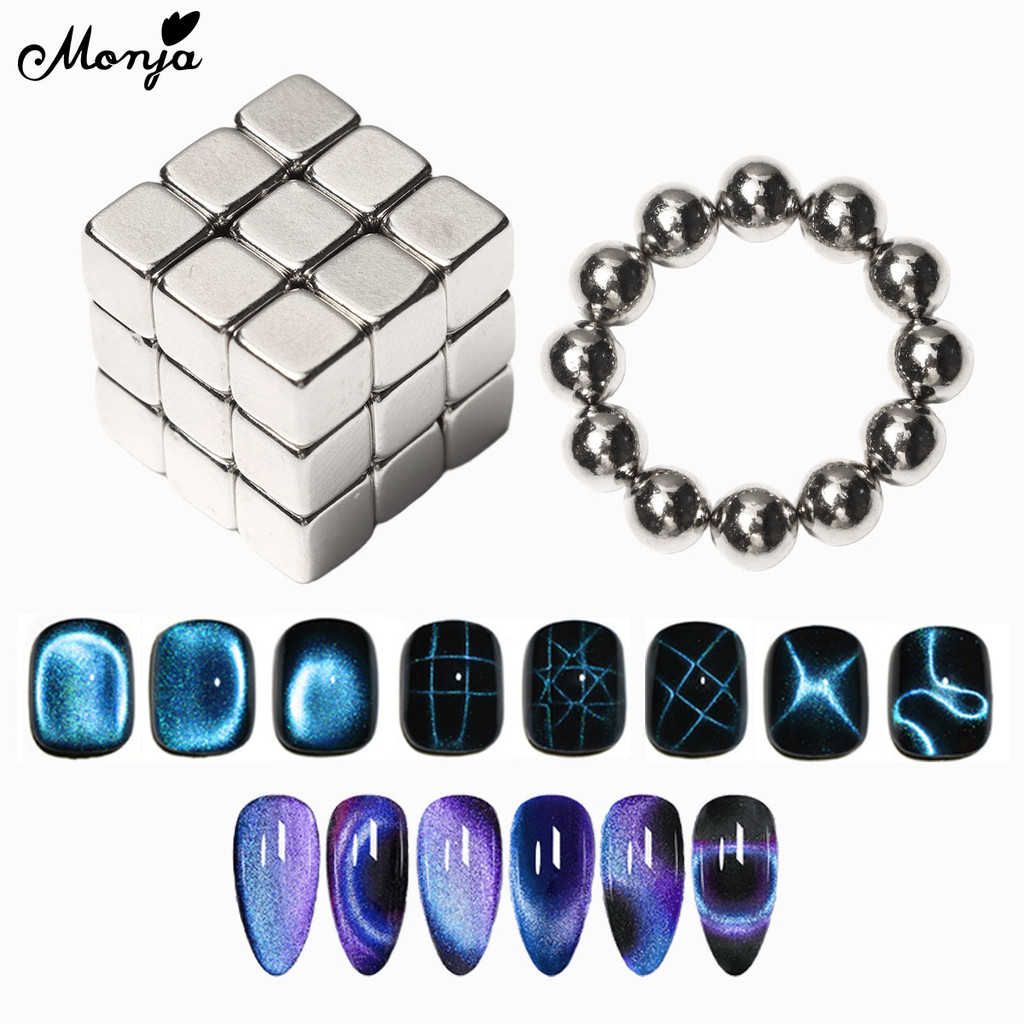 Monja 27 ชิ้นเล็บ Cat Eye Cube แม่เหล็ก 12 ชิ้นรอบแม่เหล็กลูกปัด เจลโปแลนด์ถอดแม่เหล็กเล็บเครื่องมือ