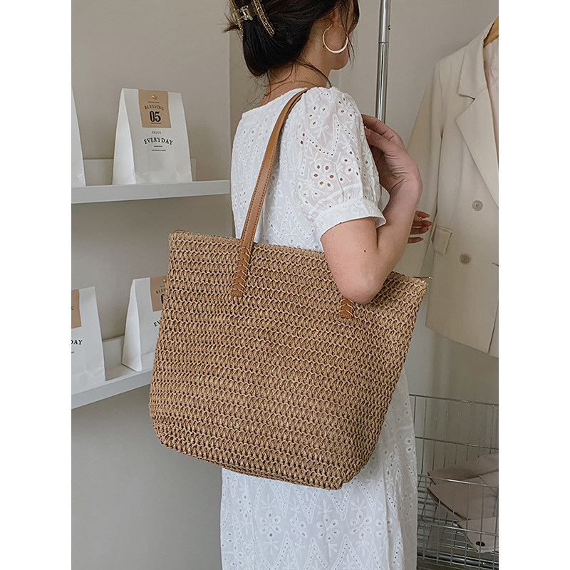 กระเป๋าสาน tote bag ไปทะเล สายหนัง ใบใหญ่ มีซับใน P129