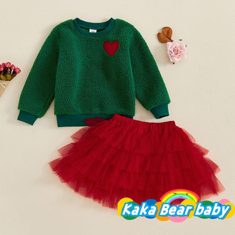 ชุดคริสต์มาสเด็กผู้หญิงเด็กวัยหัดเดิน Fuzzy แขนยาวลูกเรือคอกับ Tulle Layered 2 ชิ้น