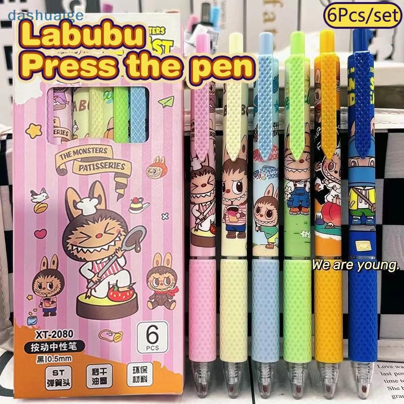 [WvW] 6 ชิ้น/กล่องน่ารัก Labubu ปากกาเจลการ์ตูน Monsters 0.5 มม.หมึกสีดํากดปากกาน้ําสํานักงาน Sig ปากกา OoO
