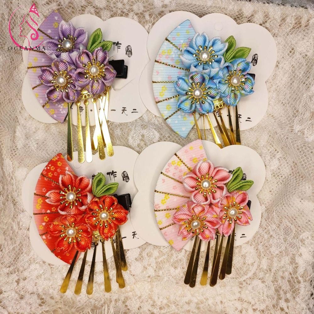Oceanmap พู่พัดลม Hairpin, พู่ดอกไม้ชุดกิโมโนญี่ปุ่น Headwear, All-match Sakura Hanfu พัดลมคลิปผมสาวอุปกรณ์เสริมผมเด็ก