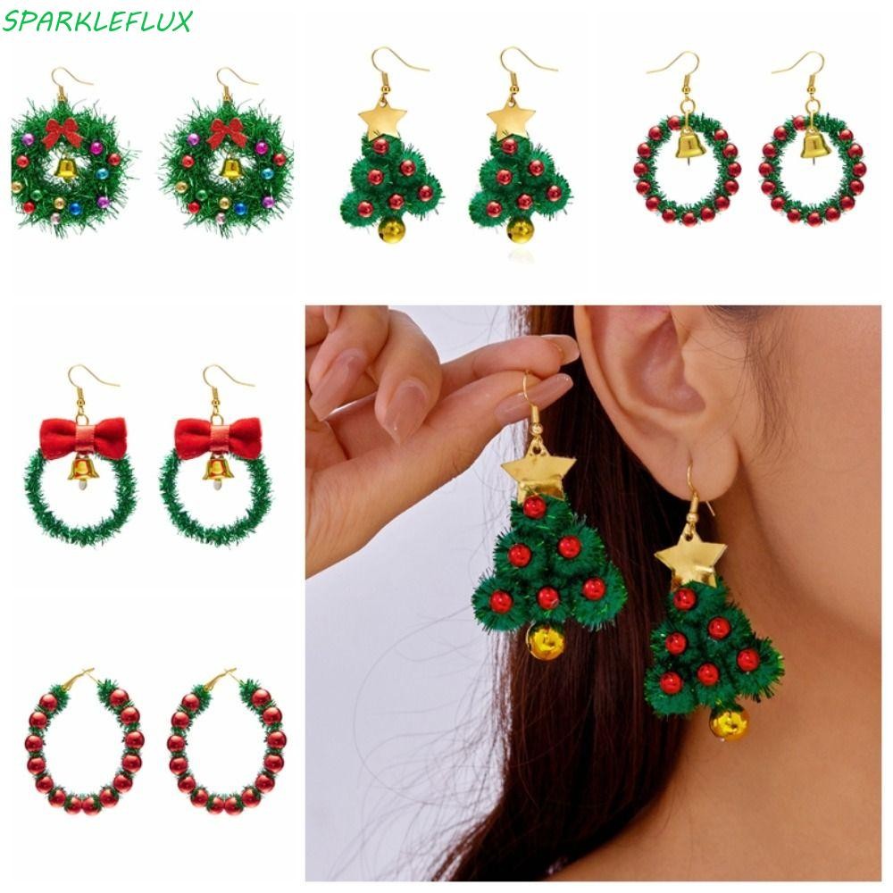 Sparkleflux ต่างหูคริสต์มาส 1 คู่, ต่างหูพวงหรีด Bell Star, แฟชั่นเครื่องประดับเรซิ่น Bowknot Xmas Dangle ต่างหูหญิง