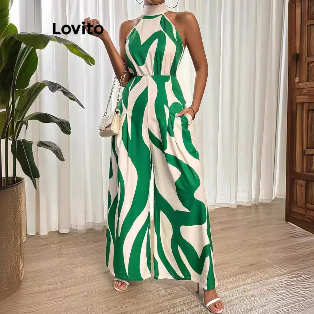 Lovito จั๊มสูทผู้หญิง ลายทาง ผูกหลัง สไตล์ลำลอง LNL71341