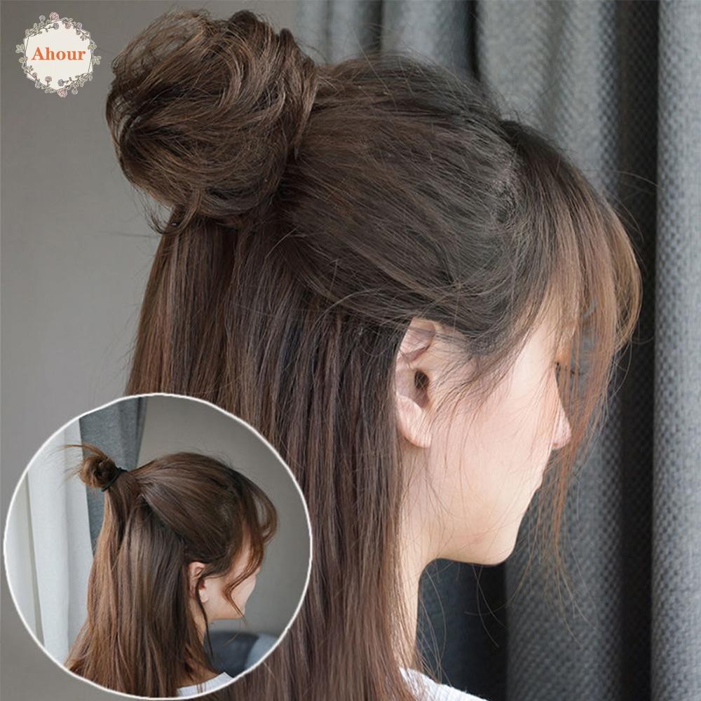Ahour Claw Hair Bun สีน้ําตาลสีดํา Scrunchies ผมต่อโบว์สังเคราะห์ Curly สั้น Curly Chignon