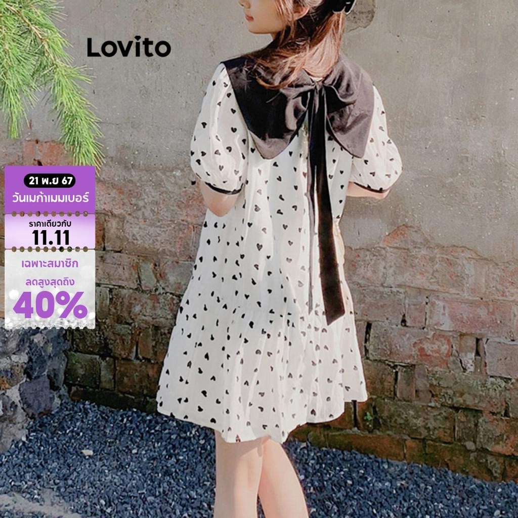 Lovito เดรสผู้หญิง ลายหัวใจ คัลเลอร์บล็อก สไตล์น่ารัก L88AD135