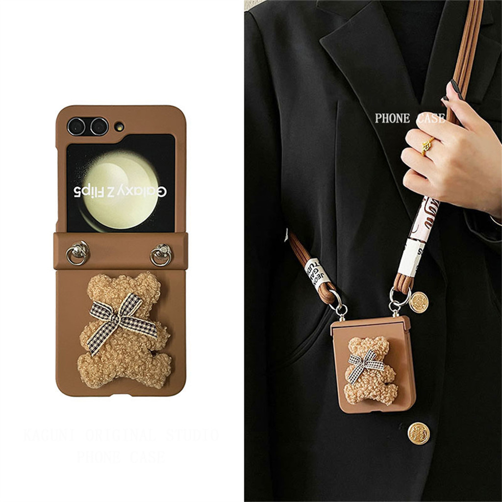 Luken น่ารักเกาหลี Crossbody Lanyard สร้อยคอ 3D ปุยหมีสีน้ําตาลสําหรับ Galaxy Z Flip6 5G Flip5 Z Fli