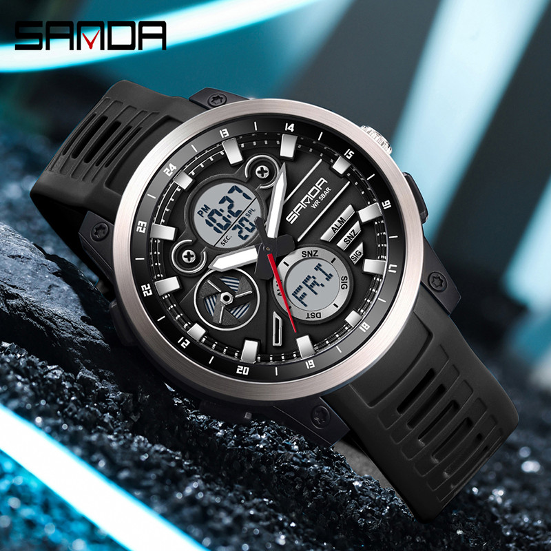 Sanda Dual Display Dial Luminous Calendar มัลติฟังก์ชั่นกลางแจ้งควอตซ์อิเล็กทรอนิกส์นาฬิกาผู้ชาย SD3379