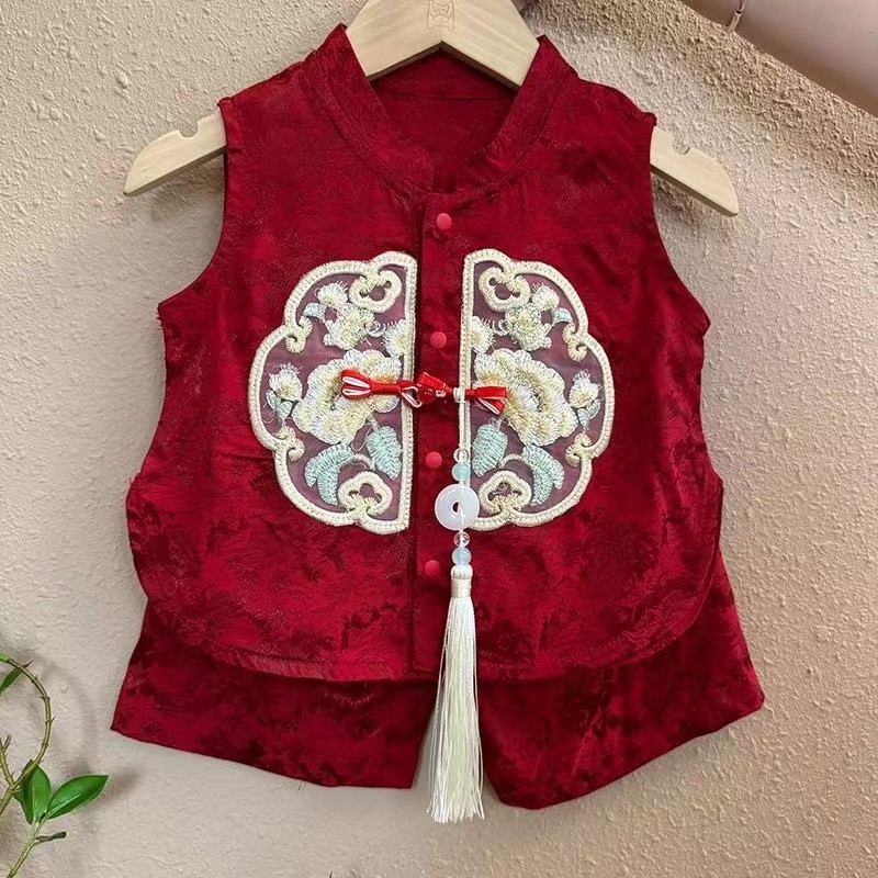 Cny จีนชุดเด็กปักแขนกุด Tang ชุดเด็ก Breathable ปีใหม่สีแดง Hanfu ชุด