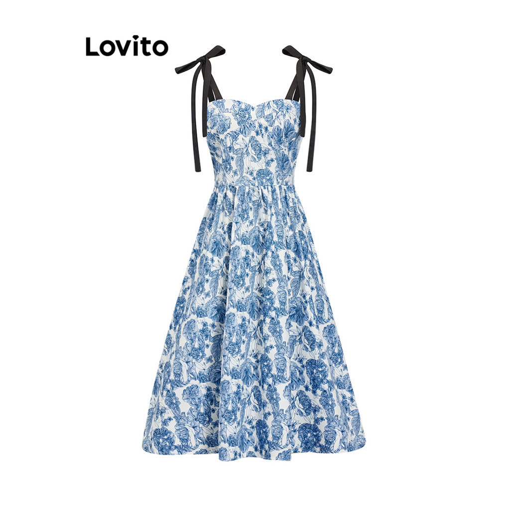Lovito ชุดเดรสผู้หญิง ทรงบอลกาวน์ ผูกเชือก ลายดอกไม้ สไตล์โบโฮ L86ED277