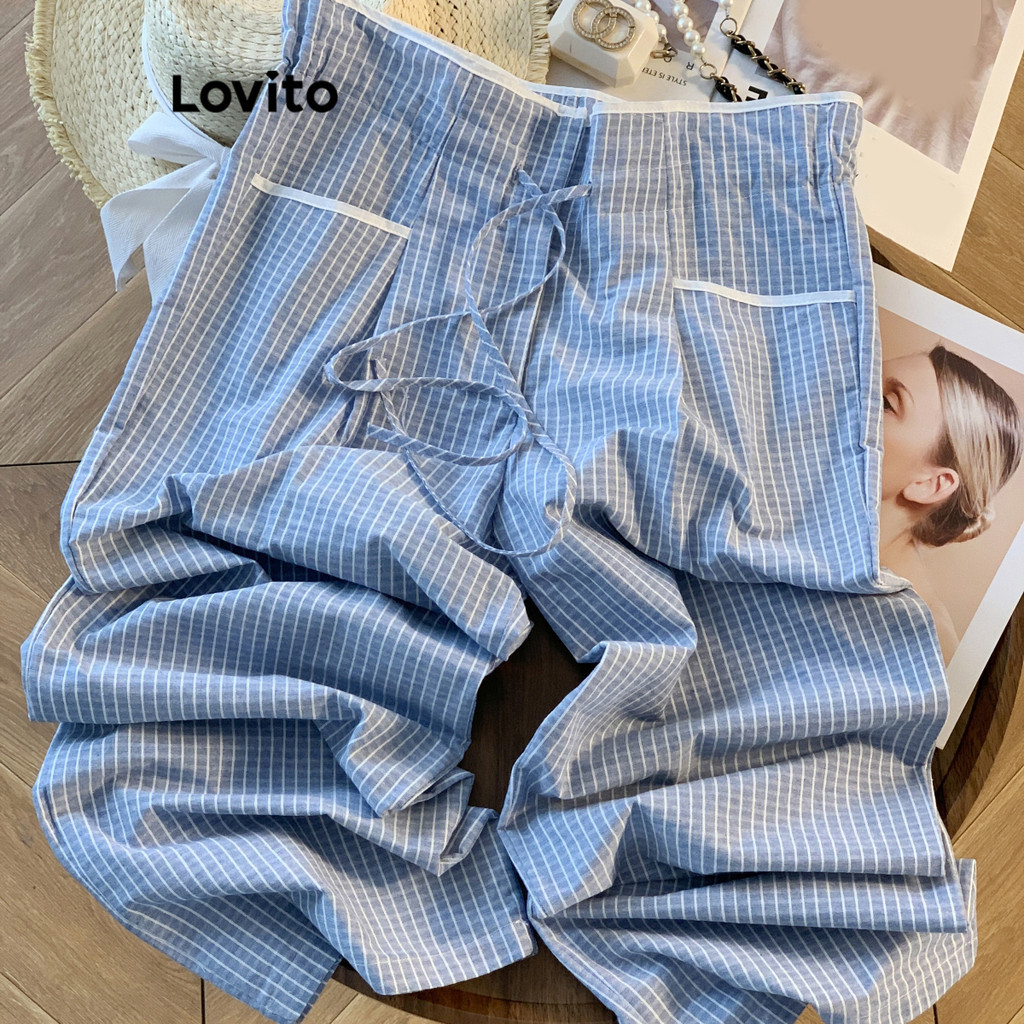 Lovito กางเกงลูกไม้ลายทางลำลองสำหรับผู้หญิง LNA79267