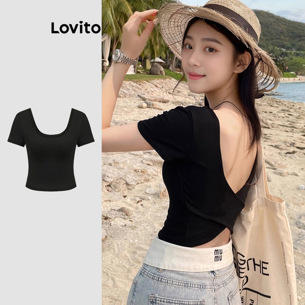 Lovito เสื้อยืดผู้หญิง สายไขว้ สีพื้น สไตล์ลำลอง L89ED269