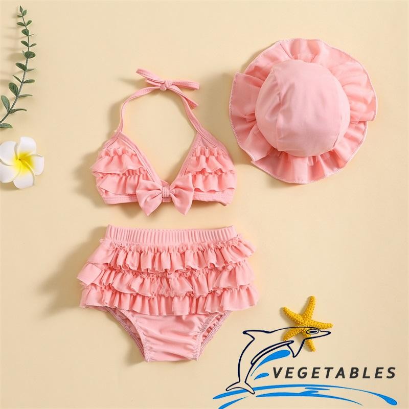 Zhy-ชุดว่ายน้ําฤดูร้อนสําหรับเด็กทารกชุดเสื้อแขวนคอ + กางเกงขาสั้นนัวเนียชั้น + หมวก