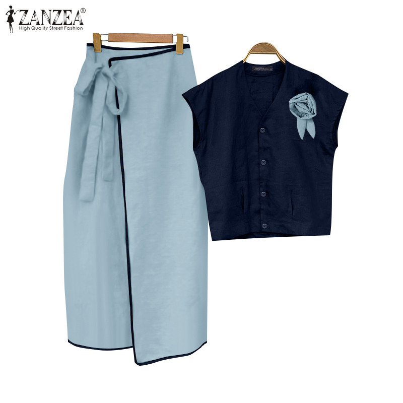 ZANZEA ซานเซีย ชุดเสื้อคอกลมแขนสั้นแข็งลําลองสําหรับผู้หญิงเกาหลี + ชุดกระโปรง