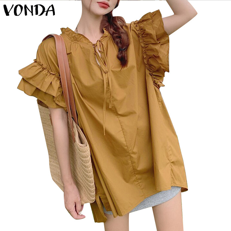 Vonda ผู้หญิงเกาหลีลําลองรอบคอ Ruffle แขนสั้น Lace Up Blouse