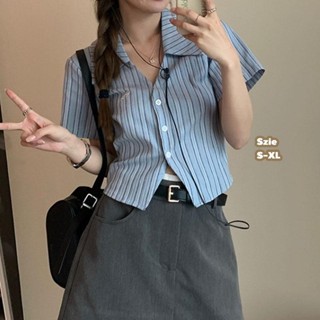 Mimi&Didi#เสื้อครอปสีฟ้าลายทาง เสื้อโปโลปกแขนสั้นเอวลดอายุสไ…