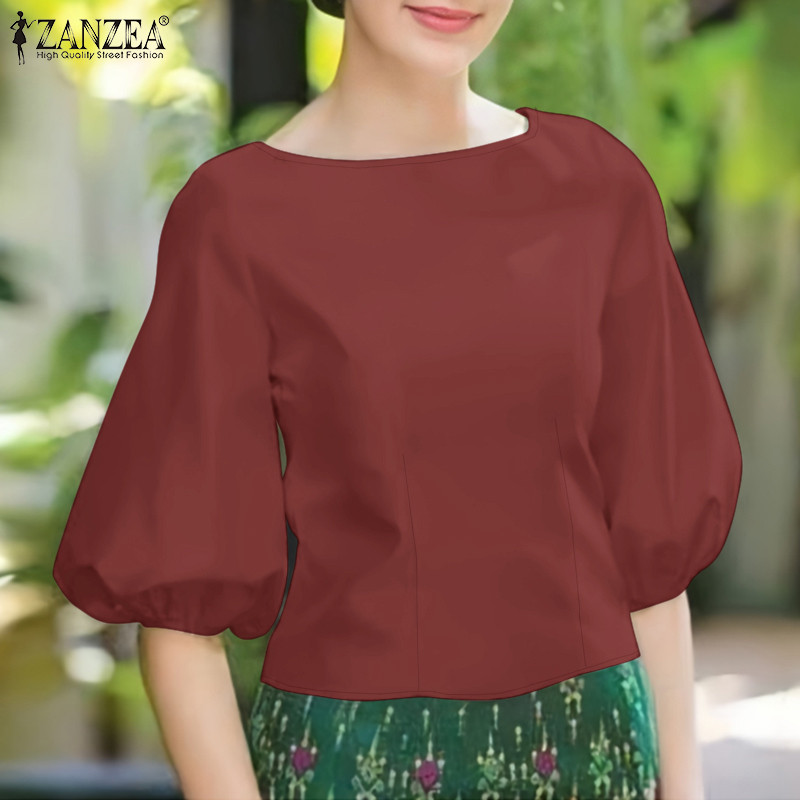 ZANZEA ใส่ ซานเซีย ผู้หญิงลําลองเรือคอกลับซิปพัฟ3/4แขนเสื้อ — صورة 5