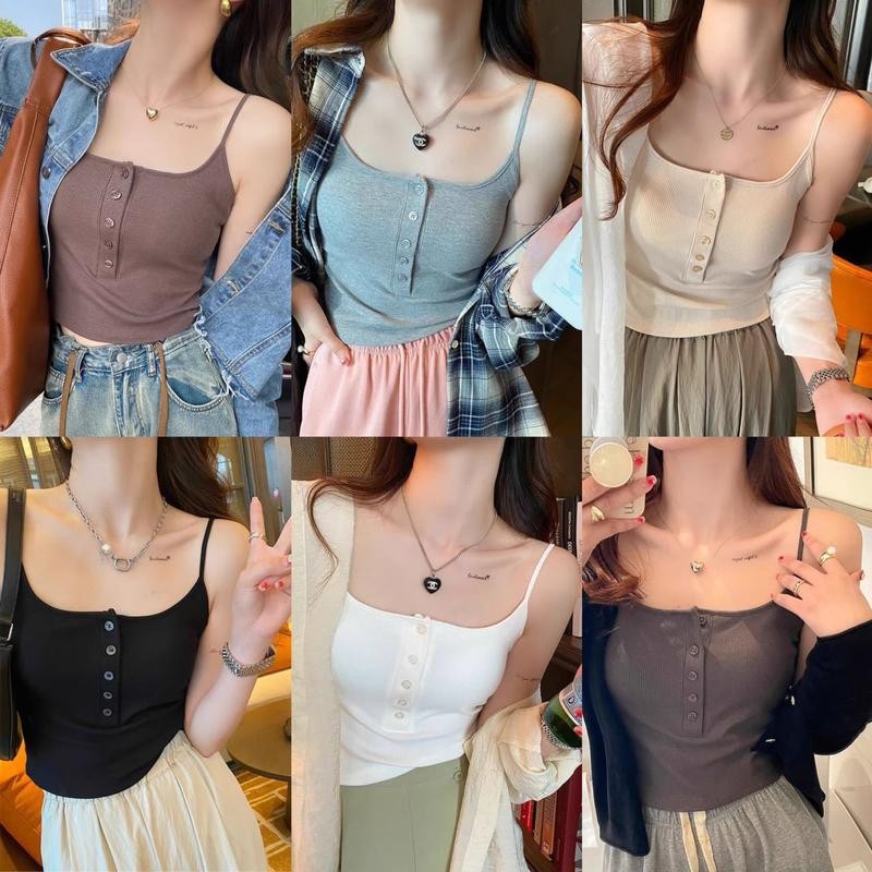 Phalicia เสื้อสายเดี่ยว สายเดี่ยวผู้หญิง แนวน่ารัก แต่งกระดุม มีฟองน้ำเย็บติด ใสสบาย ผ้านุ่ม Clothing Women สีเทา