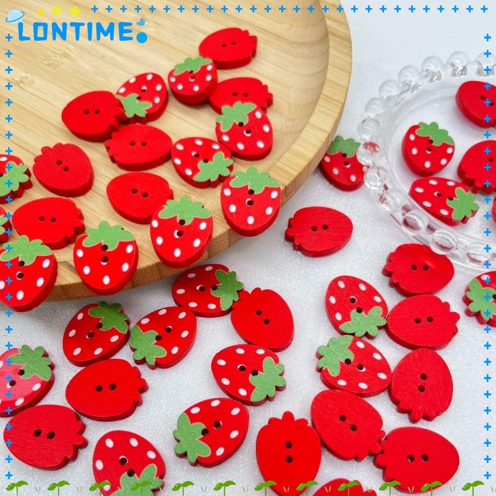 LONTIME 50 ชิ้นปุ่มสตรอเบอร์รี่, ไม้สีแดงสีชมพูตกแต่งเสื้อผ้าปุ่ม, ปุ่มสมุดภาพน่ารัก DIY Handmade 2 หลุมอุปกรณ์เย็บผ้าอุปกรณ์เสื้อเด็กคาร์ดิแกน