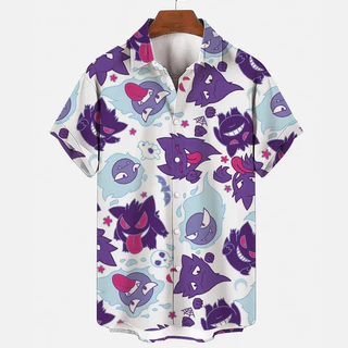 2024 เสื้ออินเทรนด์อะนิเมะ Pokemon Psyduck Gengar Snorlax 3D ดอกไม้เสื้อ Unisex แขนสั้นปุ่มคู่อินเทรนด์ Beach Coat เสื้อ Tops