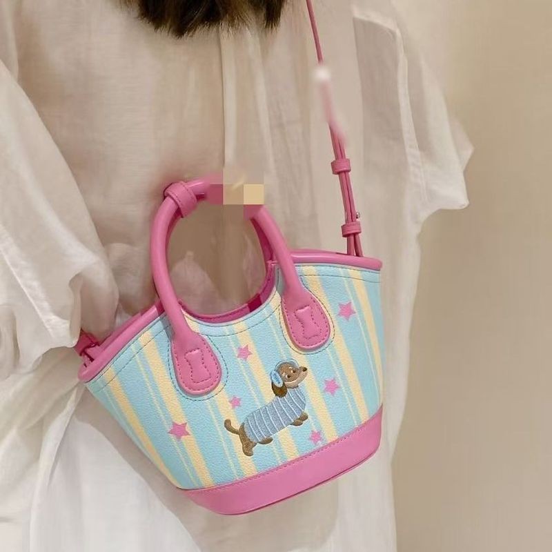 MOUSOON กระเป๋าสะพายไหล่ผู้หญิงน่ารักสีชมพูแฟชั่นไส้กรอกสุนัข Barrel Tote