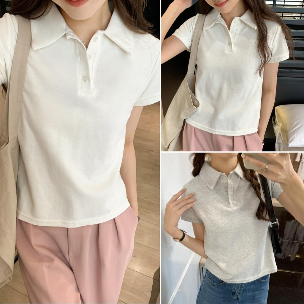 Hotgirl พร้อมส่ง✨เสื้อโปโล เสื้อยืดแฟชั่นผู้หญิง สีพื้น ด้วยปุ่ม แขนสั้น ปลอกคอตั้ง สไตล์เกาหลีเรียบง่าย