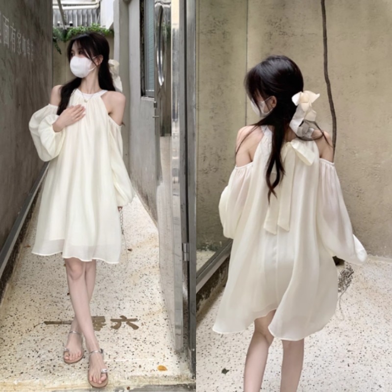 【🌺S-5XL🌺】เดรสสั้น ดีเทลโบว์ผูกคอสุดน่ารัก เดรสพลิ้ว แขนซีทรู สองชั้น ผ้าชีฟอง เดรสทำงาน เดท สไตล์เกาหลี ใส่สบาย