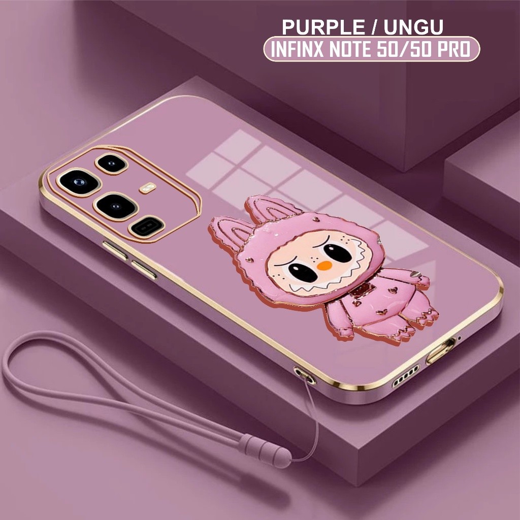 เคสนิ่ม Infinix Note 50 Pro 4G Casing Labubu Holder Mirror Glass Free Mobile Phone Lanyard Strap