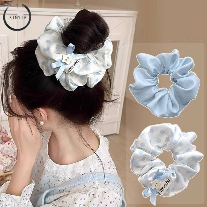 จัดส่งที่รวดเร็ว✨Sea Salt Blue Polka Dot Scrunchies ผู้หญิง High-end Headdress อารมณ์ Bun ผมเชือก-XINYIA1