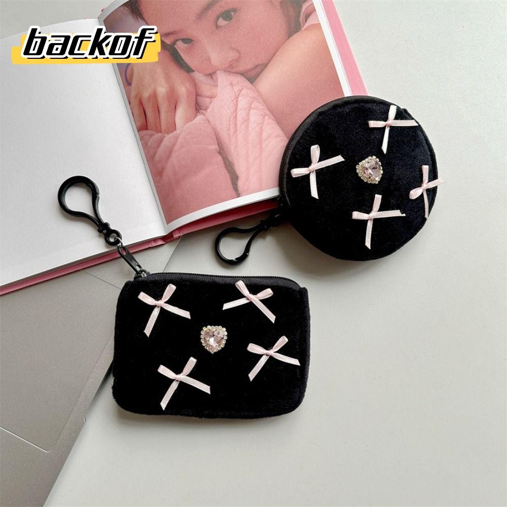 Backof Bowknot กระเป๋าใส่เหรียญ, Girls Heart Diamond Embellishment พวงกุญแจกระเป๋าสตางค์, Key Pouch Sweet Small Square Bag กระเป๋าเก็บลิปสติก