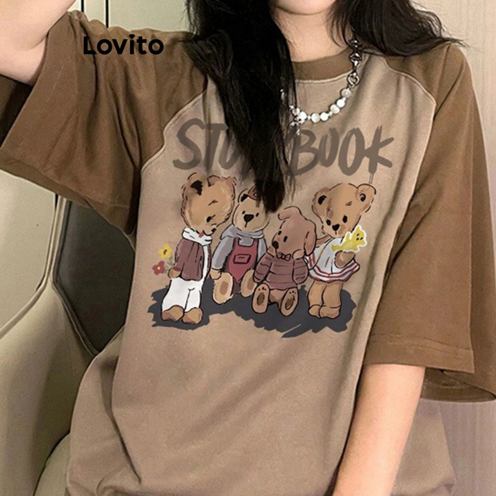 Lovito เสื้อยืดผู้หญิง ลายการ์ตูน สไตล์ลำลอง LNA52004