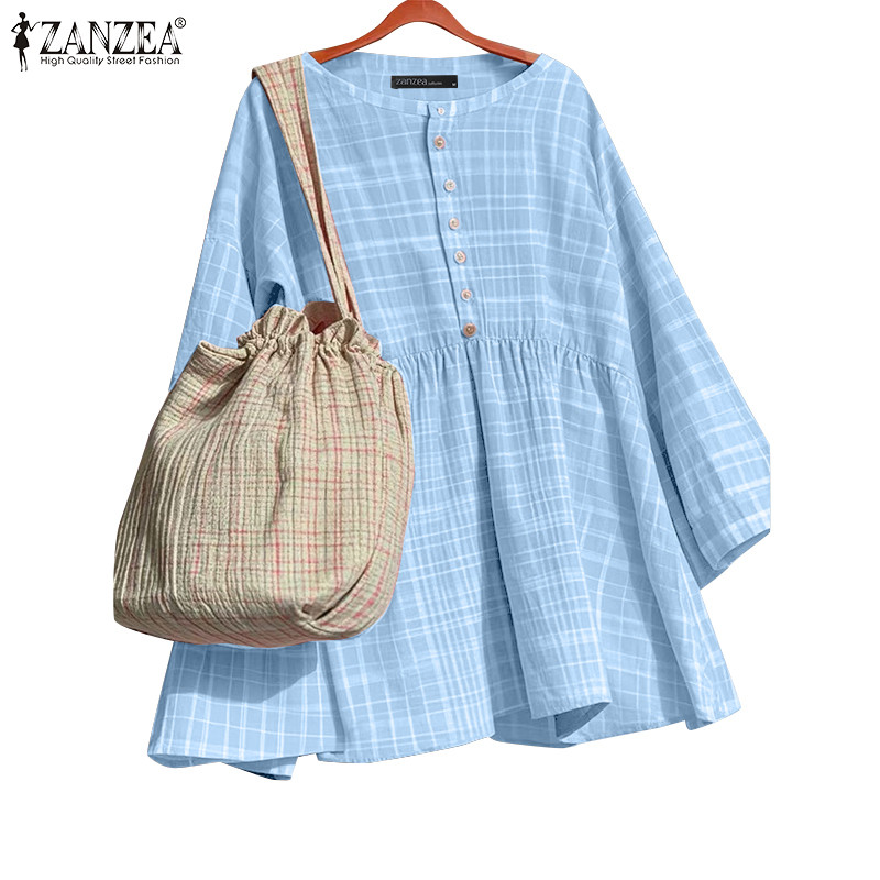 Zanzea เสื้อเบลาส์ทรงเอลายสก๊อตลําลองสไตล์เกาหลีสําหรับผู้หญิง