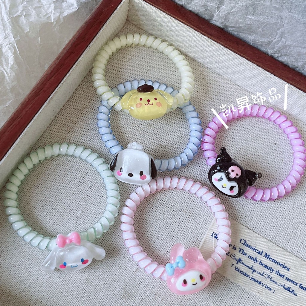 Sanrio การ์ตูนแบบบางเยลลี่สีลูกกวาดสายโทรศัพท์ผู้หญิงเชือกผูกผมไร้รอยต่อ INS เชือกผูกผมยืดหยุ่นสูง