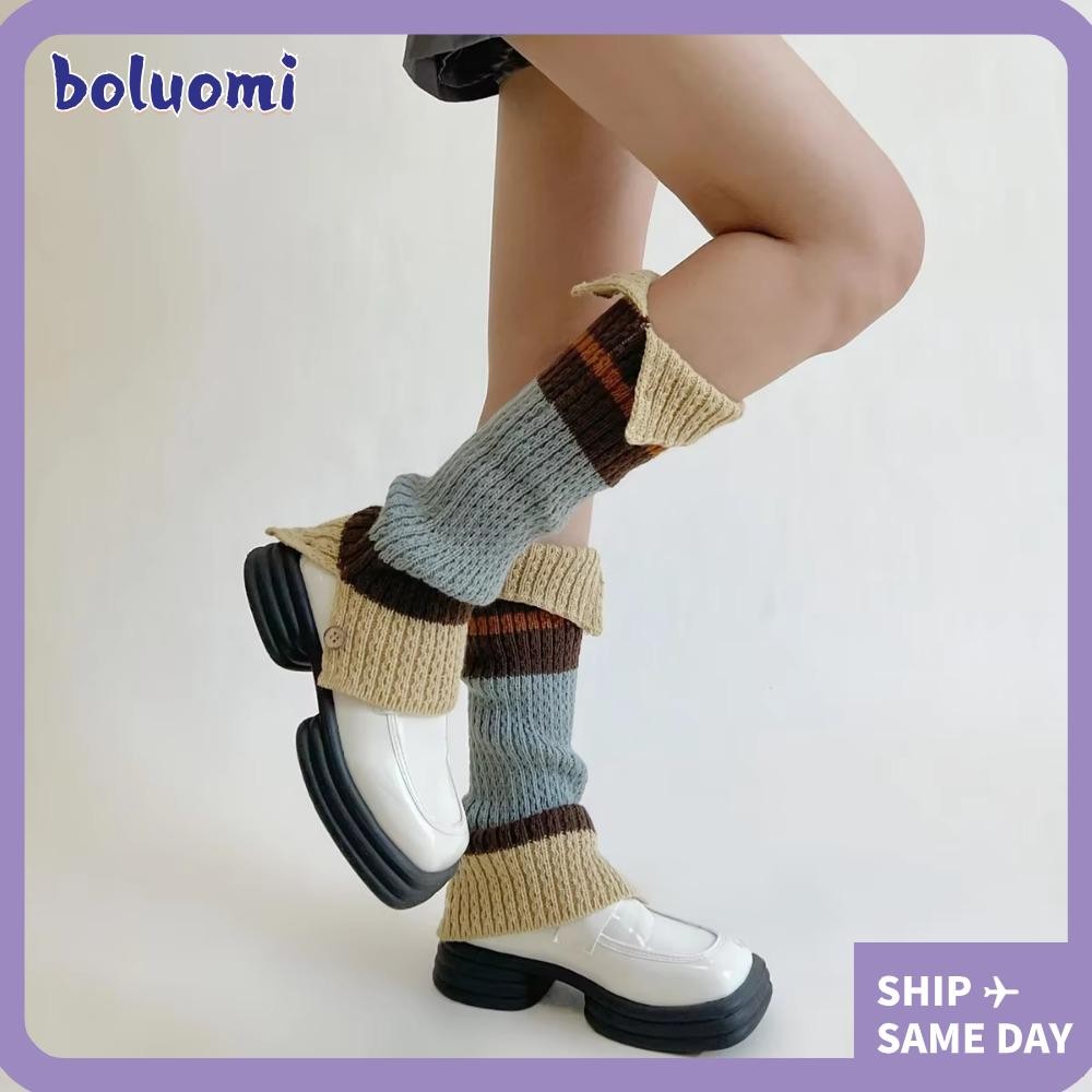 Bolumi 1 คู่ Retro ขาอุ่น, Y2K Kawaii เข่าลูกวัวถุงเท้ายาว, ผู้หญิง Contrast สีปุ่มเปิดกองถักขนสัตว์ถุงเท้ายาว