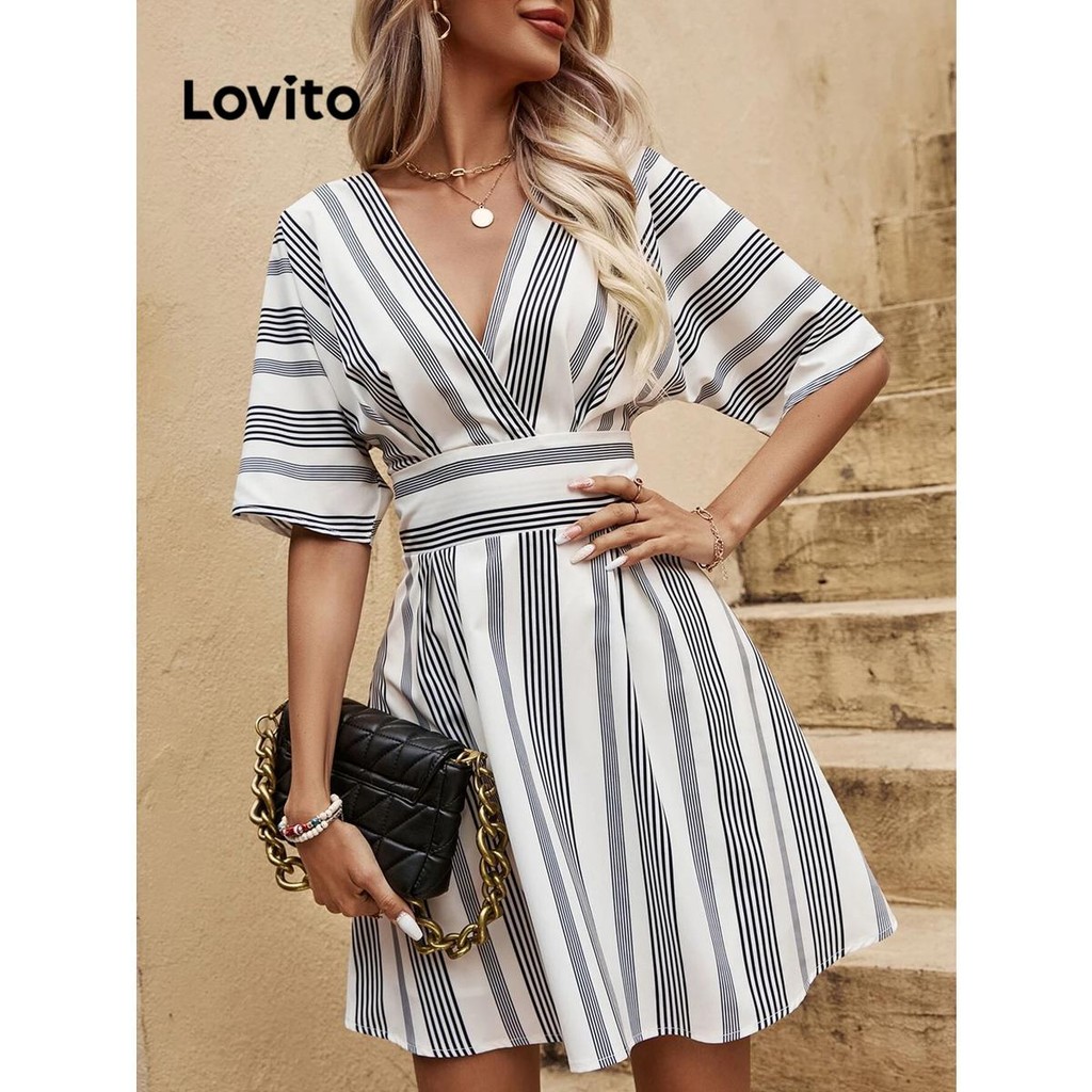 Lovito ชุดเดรสลายทางลำลองสำหรับผู้หญิง LNL70166