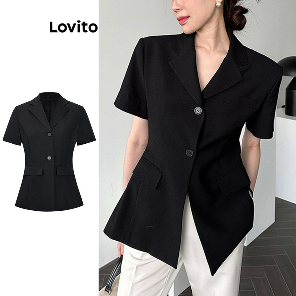 Lovito เสื้อเบลเซอร์ผู้หญิง มีกระดุม สีพื้น L70AD123 (สีดำ)