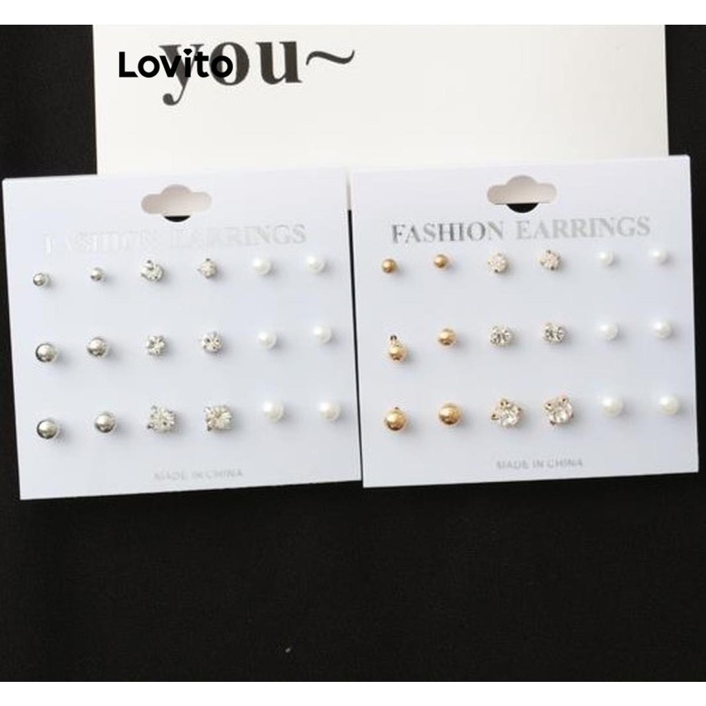 Lovito ต่างหูผู้หญิง โลหะ แต่งพลอยเทียม สีเรียบ สไตล์ลำลอง LFA21273