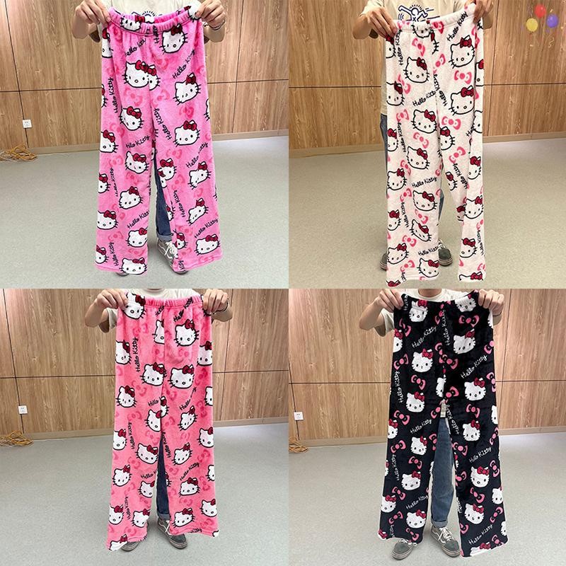 [CO] Hello Kitty ชุดนอนกางเกง Kawaii อะนิเมะฤดูใบไม้ร่วงฤดูหนาวที่อบอุ่นเสื้อผ้าหลายสไตล์ Flannel กางเกงลําลองสาวของขวัญ TH